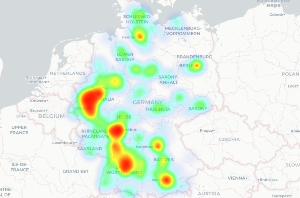 Heatmap der Projektstandorte in Deutschland. Es sind deutliche Cluster in Westdeutschland und Süddeutschland zu verzeichnen.